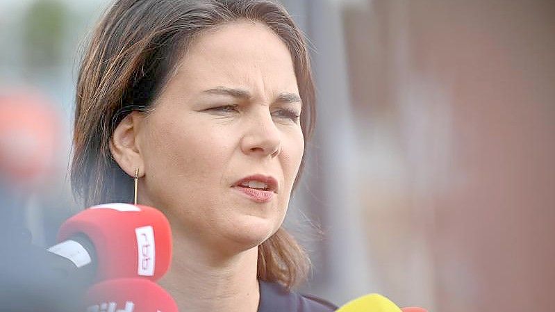 Annalena Baerbock spricht bei einem Wahlkampfauftritt zu Journalisten. Foto: Patrick Pleul/dpa-Zentralbild/ZB