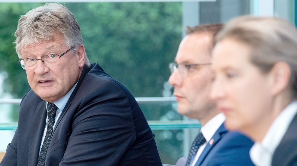 Jörg Meuthen mit dem Co-Vorsitzenden Tino Chrupalla und Stellvertreterin Alice Weidel. Foto: Bernd von Jutrczenka/dpa