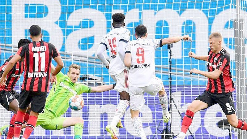 Stürmerstar Robert Lewandowski (2.v.r.) erzielt das Tor zur 2:0-Führung des FC Bayern bei Bayer Leverkusen. Foto: Marius Becker/dpa