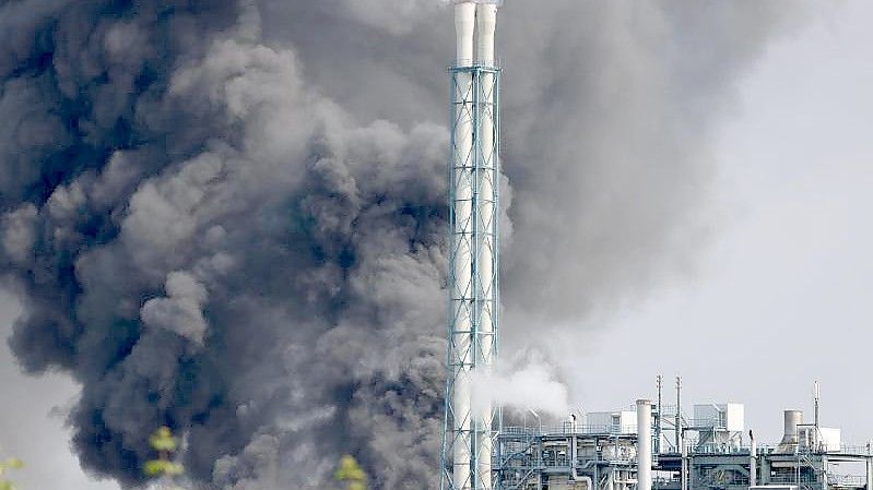 Eine dunkle Rauchwolke steigt über dem Chempark auf (Juli). Foto: Oliver Berg/dpa