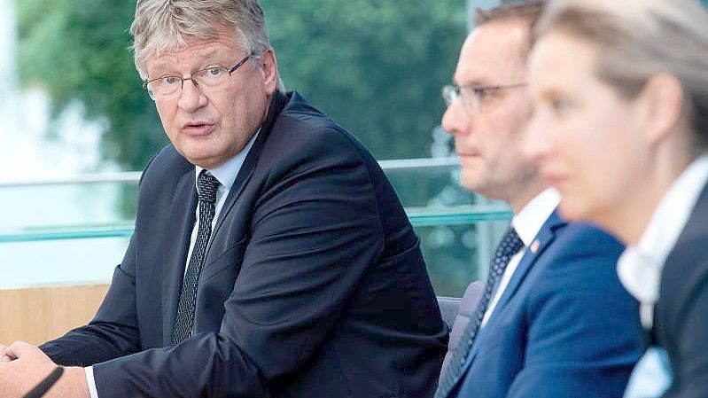 Jörg Meuthen (r) neben Tino Chrupalla und Alice Weidel. Foto: Bernd von Jutrczenka/dpa