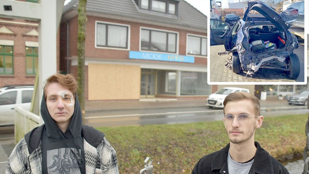 Die beiden Unfallopfer Sebastian Penning (rechts) und Chris Ulferts hatten Glück im Unglück. Das Bild zeigt sie auf der Fußgängerbrücke direkt beim Media Store des General-Anzeigers. Auf dem Grünstreifen hinter ihnen sind noch die Reifenspuren zu sehen. Dort ist ihr Wagen in dem Kanal gerollt. Der Wagen des Unfallverursachers ist nach dem Zusammenstoß in das Schaufenster gefahren. Der Bereich ist noch in der Nacht vom Technischen Hilfswerk mit mehreren Platten gesichert worden (im Bild hinten zu sehen). Das kleine Foto zeigt den stark beschädigten Opel Astra von Chris Ulferts, auf den der 33 Jahre alte Unfallfahrer bei seiner Flucht vor der Polizei aufgefahren ist. Fotos: Ammermann/Ulferts