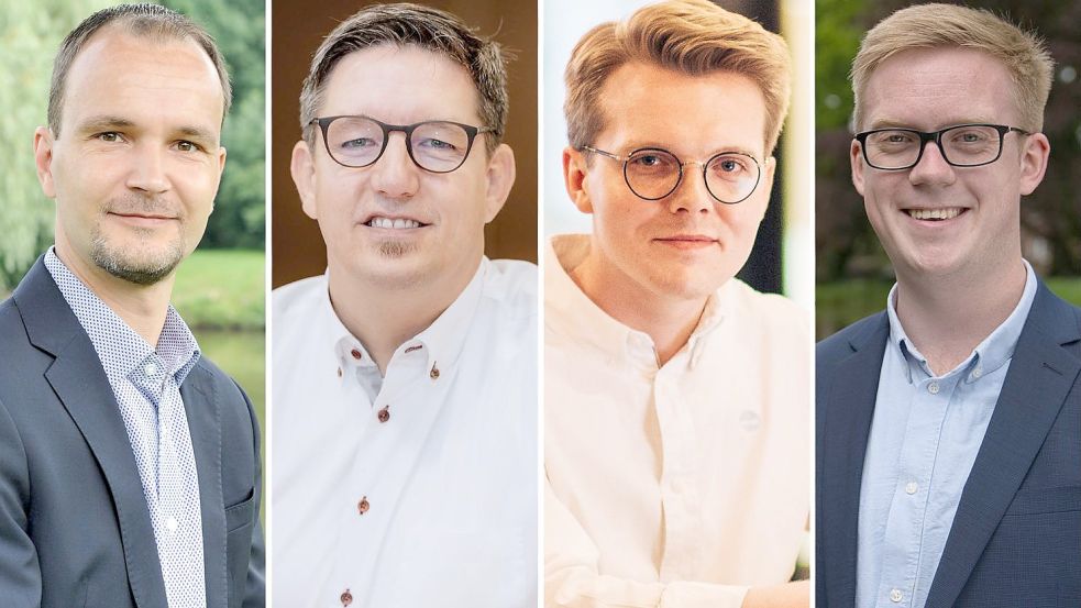 Vier Kandidaten, ein Ziel: Dirk Koopmann (von links), Dr. Michael Hoffschroer, Philipp Hannöver und Lukas Reinken wollen Direktkandidat der CDU bei der Landtagswahl werden. Copyright: Koopmann, Hoffschroer, Arens, Schiwy