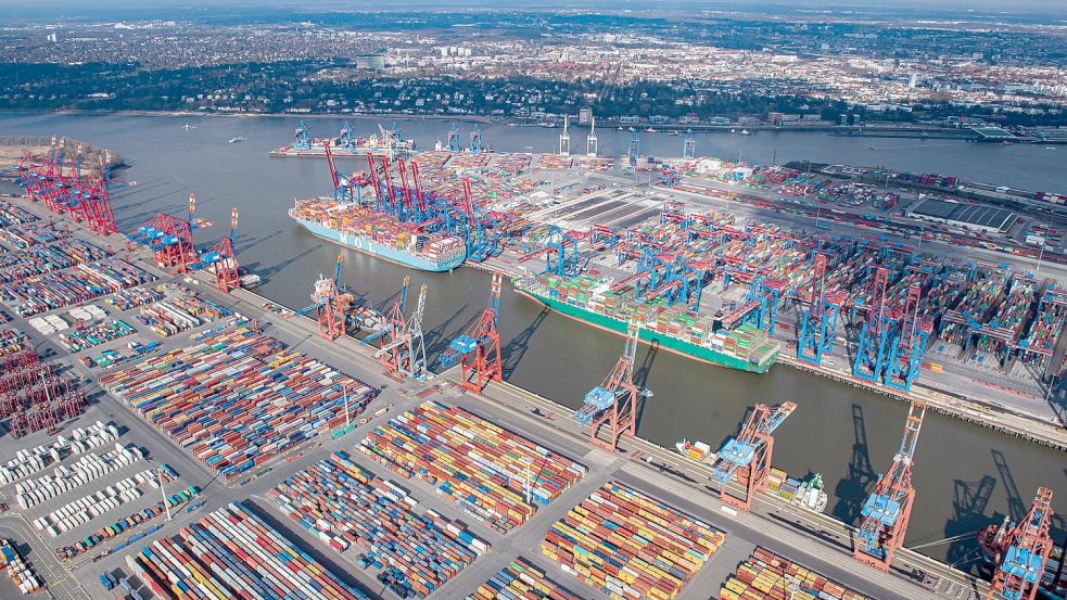 Container, soweit das Auge reicht im Hamburger Hafen. Blick die Containerterminals Burchardkai Rechts) und Eurogate im Waltershofer Hafen. Foto: Daniel Reinhardt