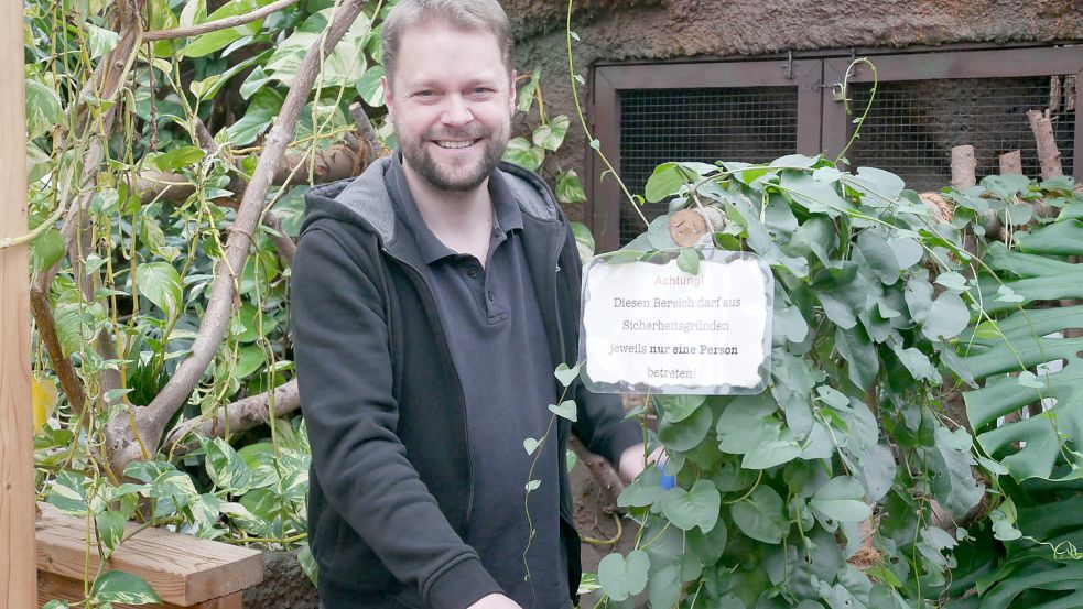 Florian Häselbarth steht in dem kleinen Tropenhaus im Seelter Reptilienhuus. Hohe Energiepreise bedrohen die Existenz dieses kleinen Zoos in Ramsloh. Denn die Temperaturen können nicht gesenkt werden. Das würde die Tiere gefährden. Foto: Kruse