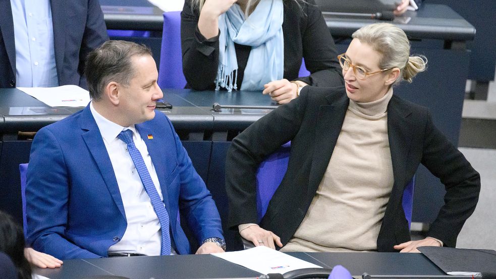 Selten gut gelaunt: die Fraktionschefs Tino Chrupalla und Alice Weidel. Foto: Bernd von Jutrczenka