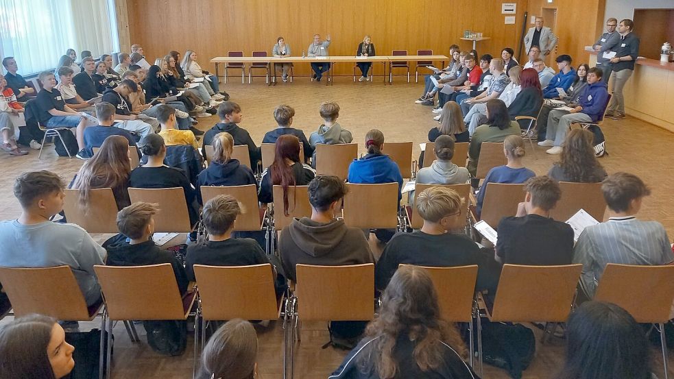 Während einer fiktiven Ratssitzung präsentierten Schülerinnen und Schüler vom Schulzentrum Collhusen ihre Ideen für Westoverledingen. Foto: Scherzer