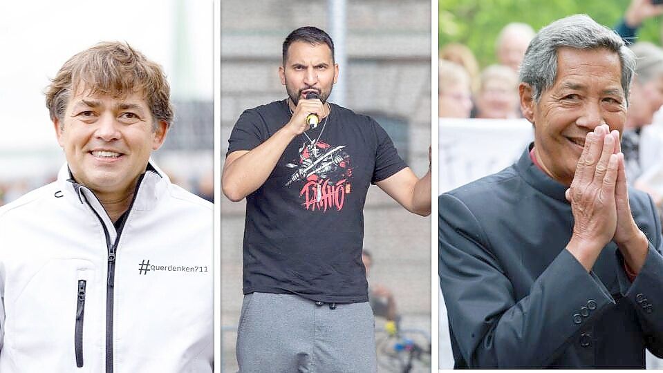 Prägende Köpfe des Protestes gegen die Corona-Maßnahmen (v.l.): Michael Ballweg, Attila Hildmann und Sucharid Bhakdi. Foto: Bilder: imago-images/Future Image; imago-images/Christian Thiel; dpa/Christian Charisius; Collage: Johannes Kleigrewe