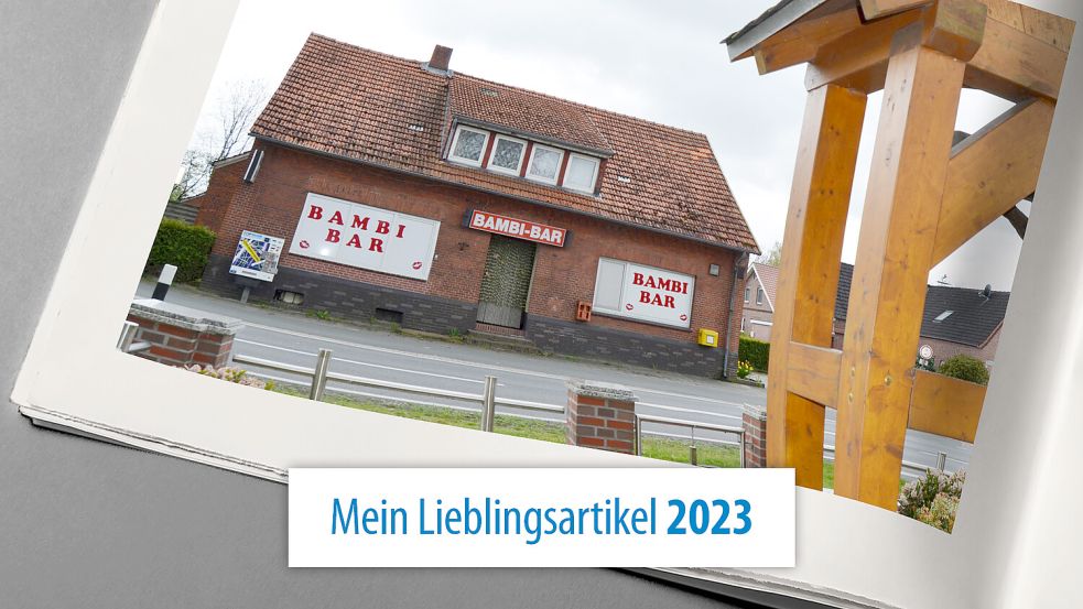 Die bekannteste Ortsansicht der Bauerschaft Wittensand im Nordkreis Cloppenburg: Der Klinkerbau der Bambi-Bar an der Bundesstraße 438, der Wittensander Straße, gegenüber dem Wegekreuz an der Kreuzung der Straße Zum Möhlenkamp, der dort seit beinahe 100 Jahren steht und 2011 von der Dorfgemeinschaft erneuert worden ist. Foto: Fertig