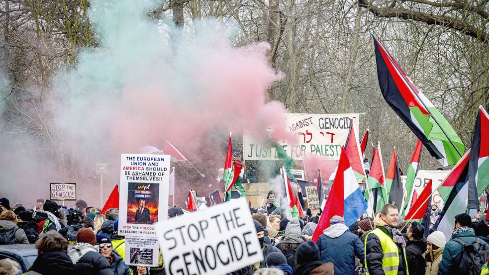 Parallel zu den Anhörungen im UN-Gericht in Den Haag protestieren Sympathisanten Palästinas. Foto: imago images/ANP