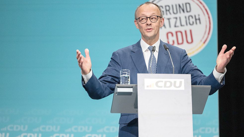 „In Freiheit leben“: Parteichef Friedrich Merz bei der letzten von sechs Regionalkonferenzen der CDU zu ihrem neuen Grundsatzprogramm. Foto: Hannes P Albert