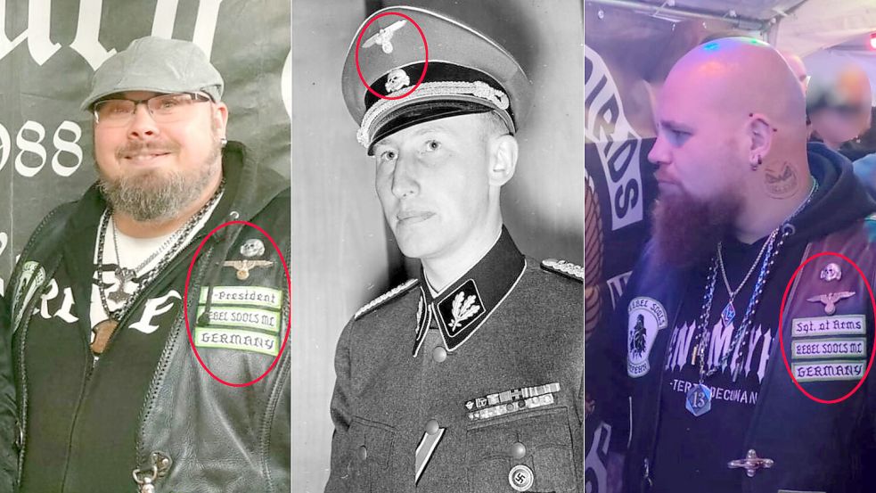 Sie alle tragen beziehungsweise trugen Adler und Totenkopf. Von links: der „Vice-President“ des „Rebel Souls MC“ Germany beziehungsweise Großefehn, SS-Obergruppenführer Reinhard Heydrich und der „Sergeant at Arms“ des „Rebel Souls MC Germany. Fotos (von links): Screenshot (Ausschnitt) vom 04.02.2024 / Quelle: Facebook-Seite des Rebel Souls MC Großefehn / Hervorhebung (rote Ellipse): OZ; Archivfoto (Ausschnitt): Bundesarchiv/Wikimedia (Lizensierungshinweise: siehe Ende des Berichts) / Hervorhebung (rote Ellipse): OZ; Screenshot (Ausschnitt) vom 04.02.2024 / Facebook-Seite des Rebel Souls MC Großefehn / Hervorhebung (rote Ellipse): OZ