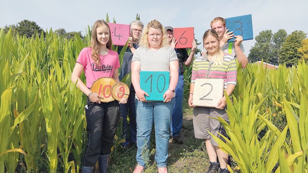 Emma Gerdes (vorne von links), Nadine Bruns, Pia-Sophie Fritsche und (hinten von links) Thorstern Bruns, Ralf Harms und Florian Peters überlegten sich neue Überraschungen und Spiele fürs Labyrinth. Foto: Scherzer