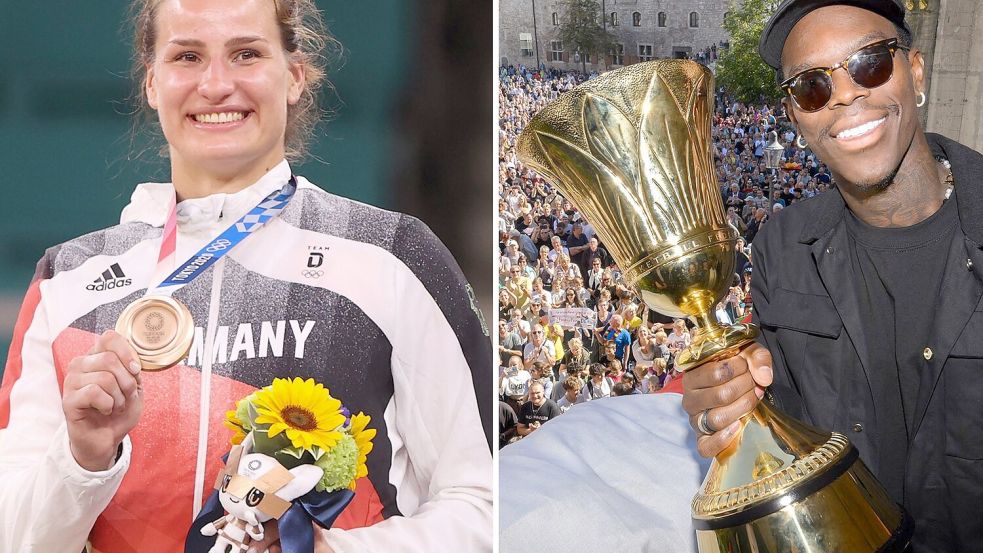 Werden die deutsche Fahne in Paris tragen: Judoka Anna-Maria Wagner und Basketballer Dennis Schröder. Foto: Julian Stratenschulte/Oliver Weiken/dpa