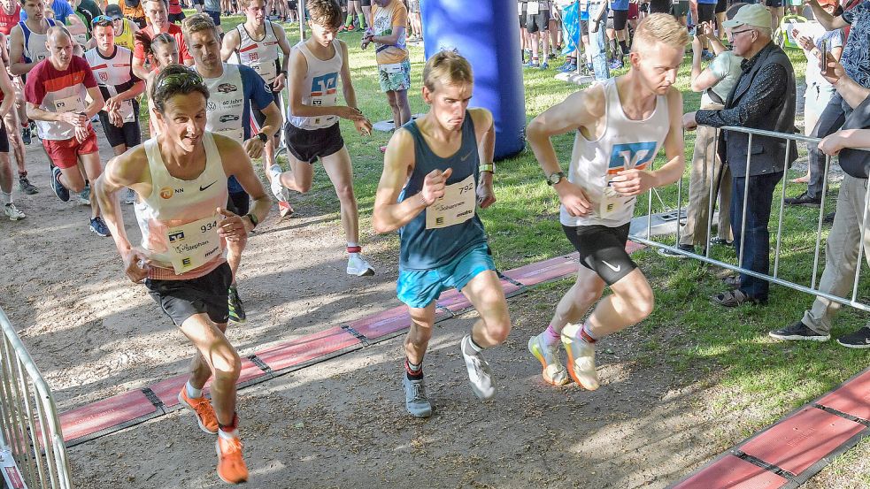 Tammo Oldigs (vorne von rechts), Johannes Wiltfang, Stephan Immega und Ingo Janssen (knapp dahinter) liefen die Ossiloop-Etappen vom Start weg stressfrei und genossen umso mehr die Atmosphäre. Archivfoto: Ortgies