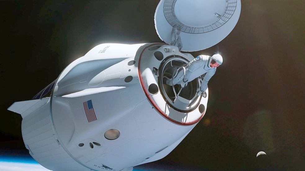 Der Crew Dragon hat keine Schleuse - es geht direkt raus ins All, wie diese Illustration zeigt. Foto: SpaceX/AP/dpa