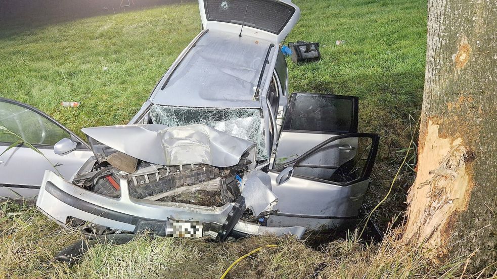 Der Wagen wurde bei dem Zusammenprall mit einem Baum völlig zerstört. Foto: Feuerwehr