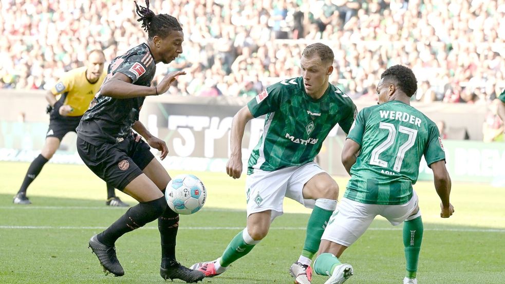 Michael Olise (l) brachte Bayern München früh in Führung. Foto: Carmen Jaspersen/dpa