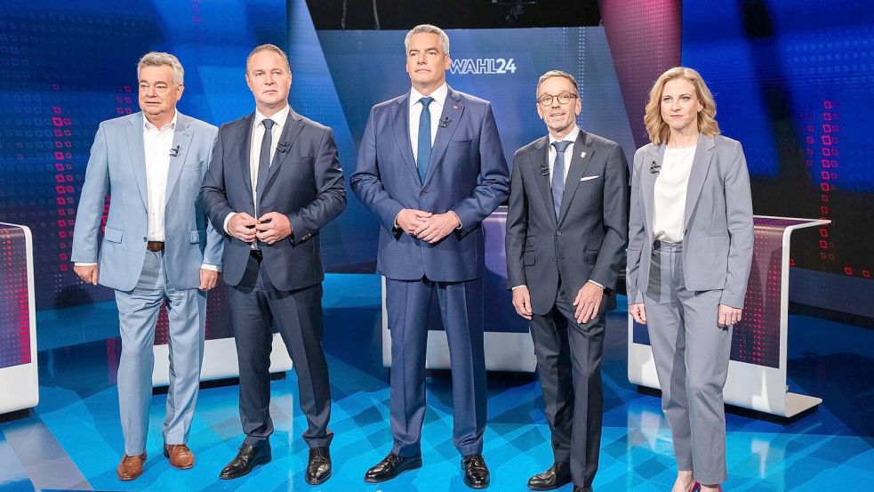 Vizekanzler Werner Kogler (l-r), SPÖ-Chef Andreas Babler, Bundeskanzler Karl Nehammer, FPÖ-Chef Herbert Kickl und Neos-Chefin Beate Meinl-Reisinger. Foto: Georg Hochmuth/APA/dpa