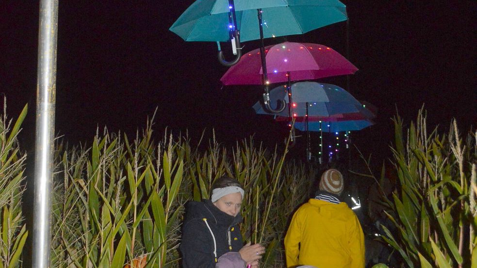 Eine Reihe beleuchteter Regenschirme zeigte den Weg zum Ausgang.