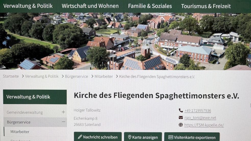 Dieses Foto von der Internetseite der Gemeinde Saterland wurde am Freitag, 11. Oktober 2024, aufgenommen. Inzwischen ist der Eintrag „Kirche des Fliegenden Spaghettimonsters e. V.“ gelöscht worden. Foto: Kruse