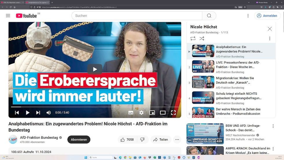 Die AfD-Bundestagsfraktion hat diese Rede ihrer bildungspolitischen Sprecherin Nicole Höchst vom 11. Oktober 2024 auf dem Internet-Portal "Youtube" veröffentlicht. Quelle: AfD-Fraktion Bundestag/Youtube ; Screenshot vom 30.10.2024