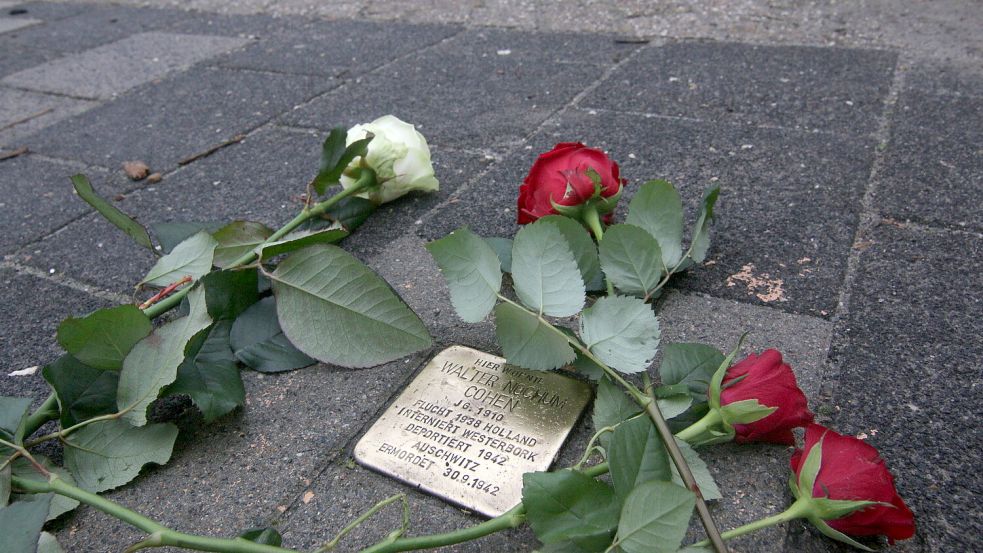 Rosen wurden am Gedenkstein für Walter Nochum Cohen an der Rhauderwieke in Rhauderfehn niedergelegt. Foto: Gemeinde Rhauderfehn