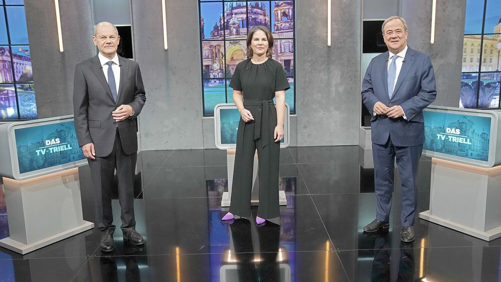 2021 gab es mehrere TV-Duelle der drei Kanzlerkandidaten: Olaf Scholz, Annalena Baerbock und Armin Laschet. Foto: dpa/Kay Nietfeld