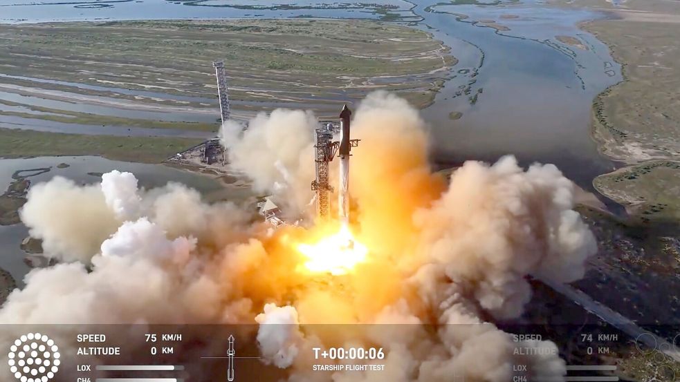 Das „Starship“ ist größer als die Freiheitsstatue. Foto: -/SpaceX via AP/dpa