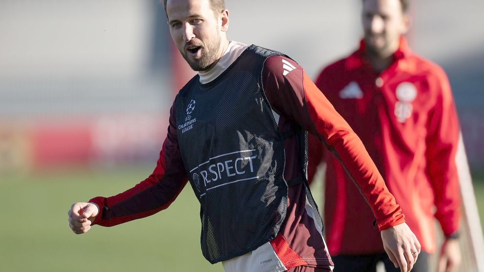 Bayern-Torjäger Harry Kane beim Training vor dem Paris-Spiel. Foto: Sven Hoppe/dpa