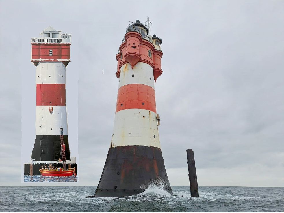 Der Leuchtturm Roter Sand in der Außenweser zwischen Wangerooge und Helgoland ist Vorbild für den Adventskalender von Melanie Hanz. Fotocollage: Hanz