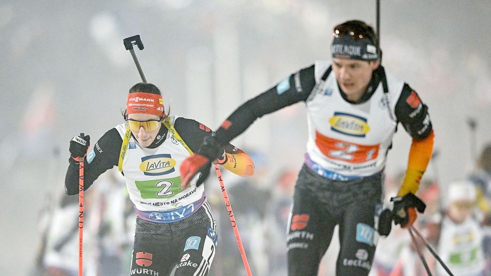 Vanessa Voigt und Justus Strelow liefen zum Saison-Auftakt auf das Podest. Foto: Hendrik Schmidt/dpa