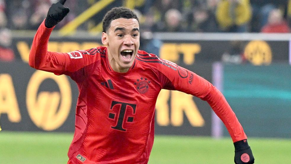 Auf ihn kommt’s beim FC Bayern ohne Harry Kane noch mehr an: Jamal Musiala, hier beim Torjubel nach dem Kopfball zum 1:1 in Dortmund. Foto: Federico Gambarini/dpa