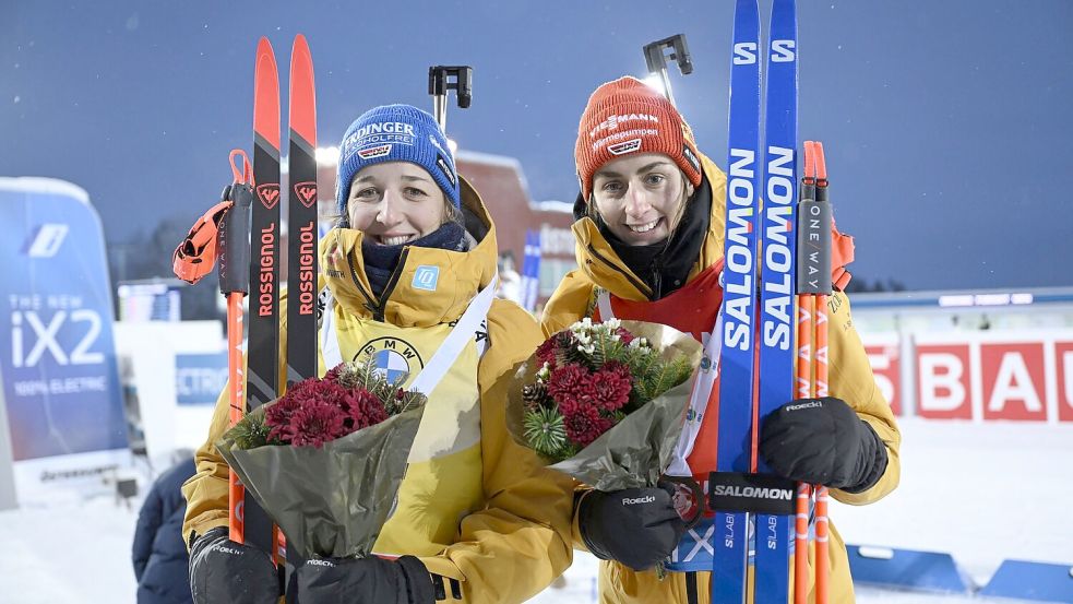 Franziska Preuß und Vanessa Voigt beenden das erste Einzelrennen in den Top Ten. Foto: Pontus Lundahl/TT News Agency/AP/dpa