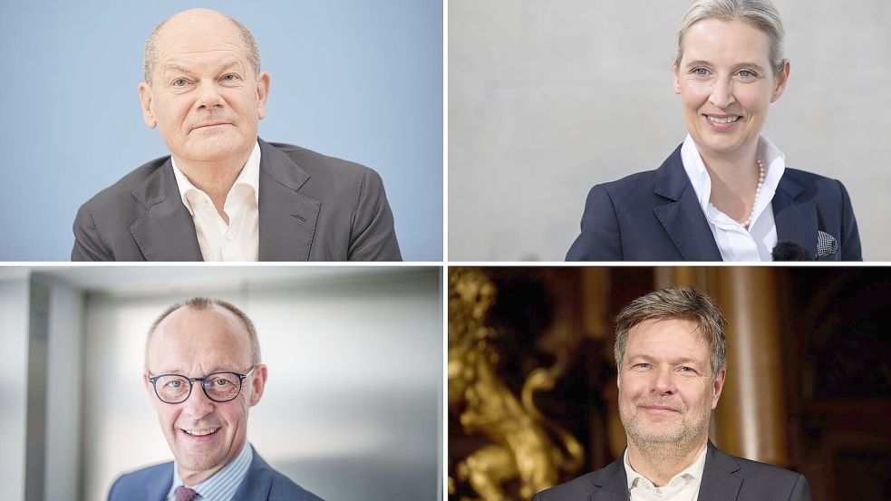 Olaf Scholz (SPD), Alice Weidel (AfD), Friedrich Merz (CDU), Robert Habeck (Bündnis 90/Die Grünen) - Kanzlerkandidaten ihrer Parteien bei der Bundestagswahl. (Archivbild) Foto: Kappeler/Albert/Wendt/dpa