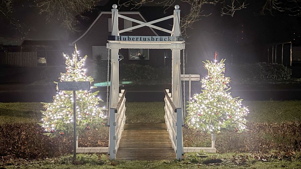 An der Hubertusbrücke – eine Fußgängerbrücke an der 1. Südwieke – leuchten diese beiden Weihnachtsbäume. Foto: Ammermann