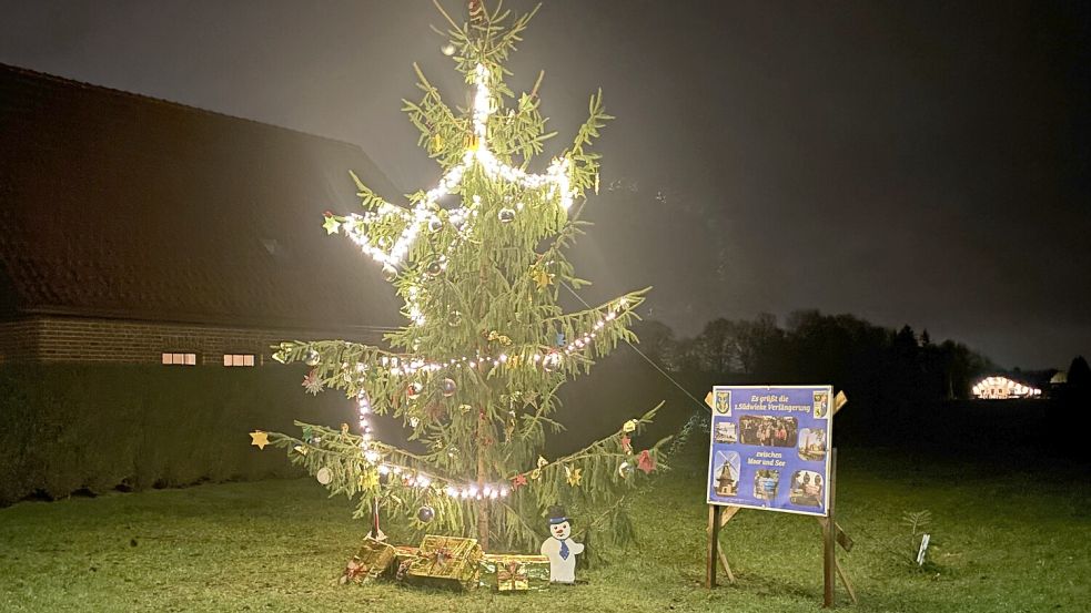 Mit dieser geschmückten Tanne mit Geschenkkartons als Deko davor grüßt die 1. Südwieke Verlängerung in Rhauderfehn. Foto: Ammermann