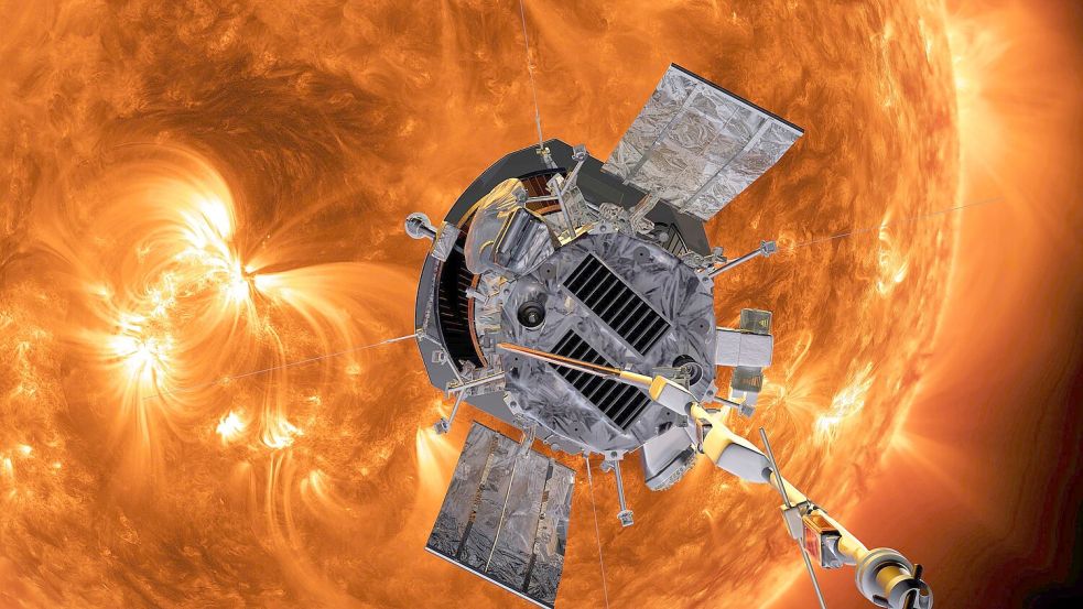 Die Computergrafik zeigt die „Parker Solar Probe“-Sonde auf dem Weg zur Sonne. (Handout) Foto: -/AP/dpa