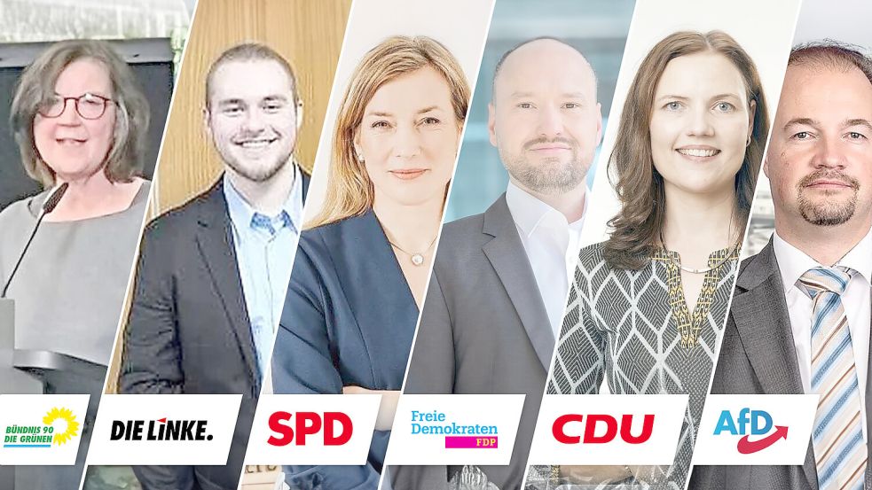 Sie kandidieren im Wahlkreis 26: (von links) Ulrike Maus, Vincent Janßen, Siemtje Möller, Robert Wegener, Anne Janssen, Martin Sichert. Fotos: Archiv/Parteien, privat.