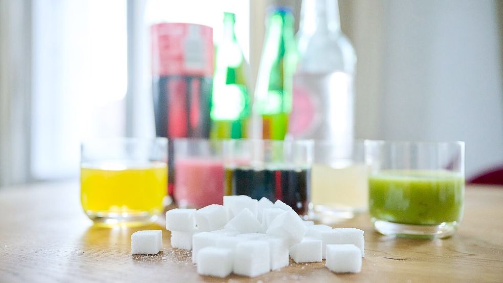 Fünf unterschiedliche Arten Softdrinks und die Flaschen dazu zusammen mit Zuckerwürfel auf einem Tisch Foto: Annette Riedl/dpa