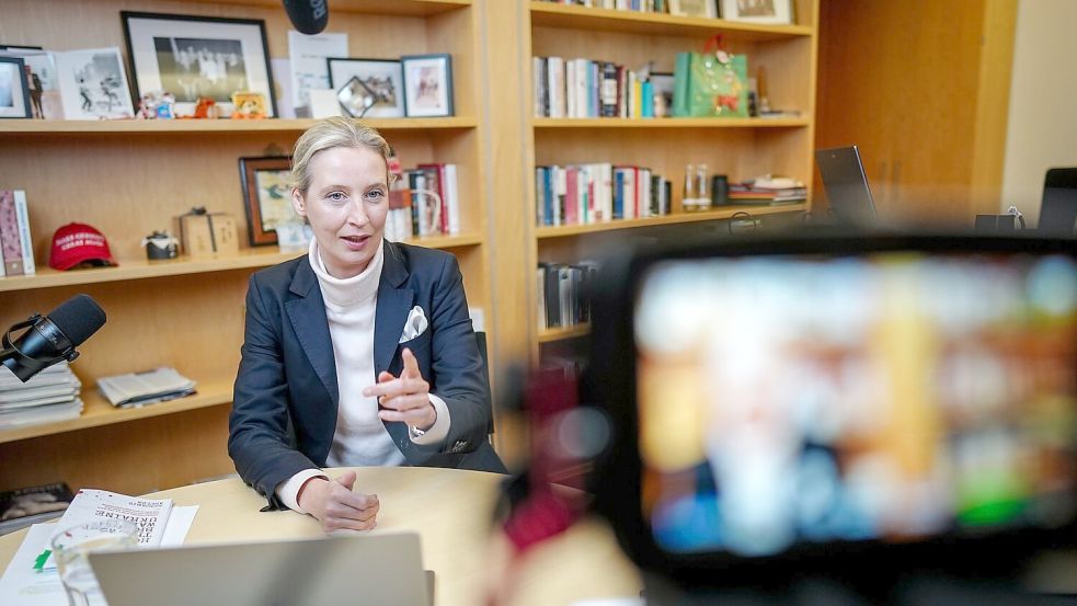 Mehr als eine Stunde lang unterhielten sich die AfD-Vorsitzende, Alice Weidel, und der Tech-Milliardär Elon Musk auf der Plattform X. Die Plattform gehört Musk. Foto: Kay Nietfeld/dpa-POOL/dpa