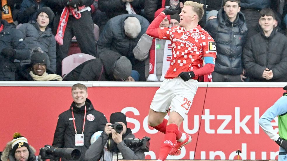 Jonathan Burkardt traf beim 2:0 des FSV Mainz 05 gegen den VfL Bochum doppelt. Foto: Torsten Silz/dpa