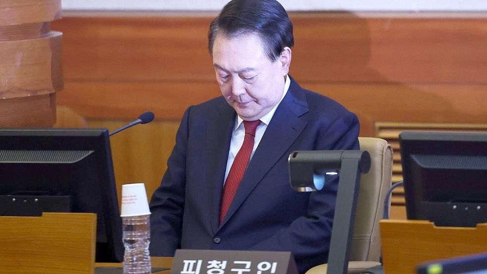 Es ist das erste Mal in der Geschichte Südkoreas, dass ein Präsident persönlich zu einem Amtsenthebungsverfahren erscheint. Foto: Kim Hong-Ji/Pool Reuters/AP/dpa