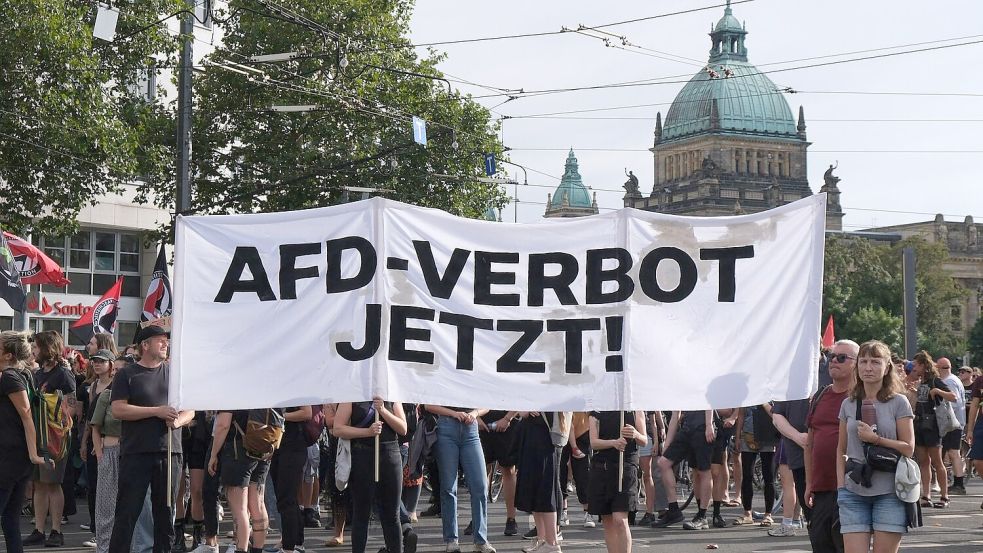 Bei einer Demonstration in Leipzig im August 2024 fordern Teilnehmer ein AfD-Verbot. (Archivbild) Foto: Sebastian Willnow/dpa