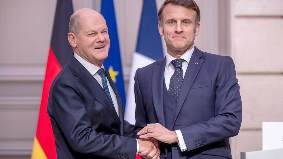 Kanzler Scholz und Präsident Macron beschwören Europas Einigkeit gegenüber Trump. Foto: Michael Kappeler/dpa