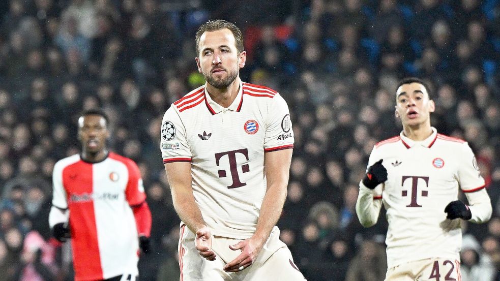 Pure Verzweiflung: Harry Kane (l) und Jamal Musiala (r) hatten kein Schussglück. Foto: Federico Gambarini/dpa