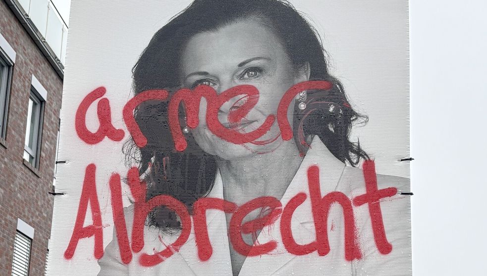 Auf dem Wahlplakat der CDU mit dem Konterfei von Gitta Connemann steht jetzt „armer Albrecht“. Foto: Ammermann