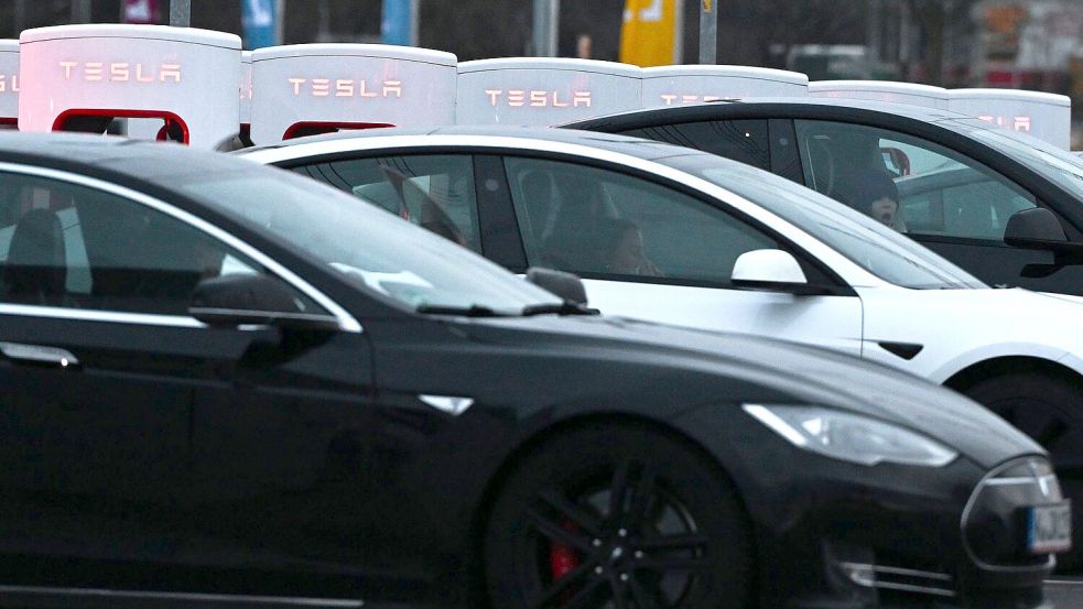 Die Neuzulassungen von Tesla-Autos in Deutschland sind eingebrochen. (Archivbild) Foto: Federico Gambarini/dpa