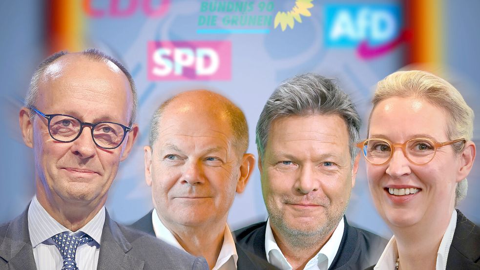 Die Kanzlerkandidaten der vorgezogenen Bundestagswahl am 23. Februar 2025 (von links): Friedrich Merz (CDU), Olaf Scholz (SPD), Robert Habeck (Grüne) und Alice Weidel (AfD). Foto: IMAGO/Frank Hoermann / SVEN SIMON