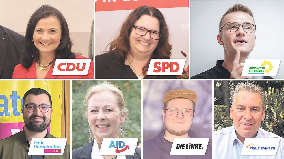 Die Kandidaten im Wahlkreis Unterems: (oben von links) Gitta Connemann (CDU), Anja Troff-Schaffarzyk (SPD), Julian Pahlke (Grüne) und (unten von links) Ferhat Asi (FDP), Martina Uhr (AfD), Michel Rolandi (Die Linke) und Andreas Wilshusen (Freie Wähler). Fotos: DPA/Parteien/Archiv/privat